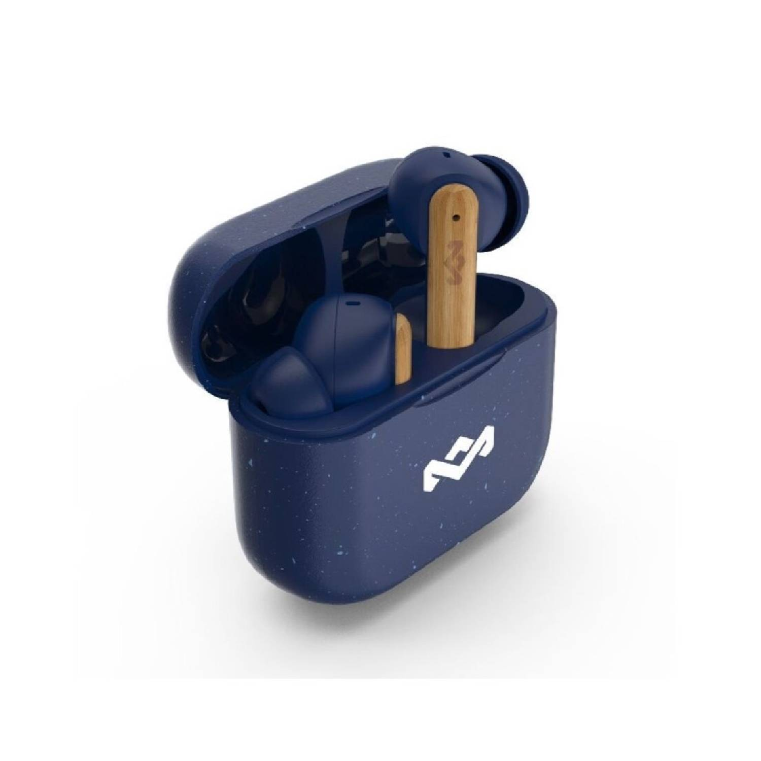 Donkerblauwe oordopjes in een etui. De etui is open en toont de oordopjes.