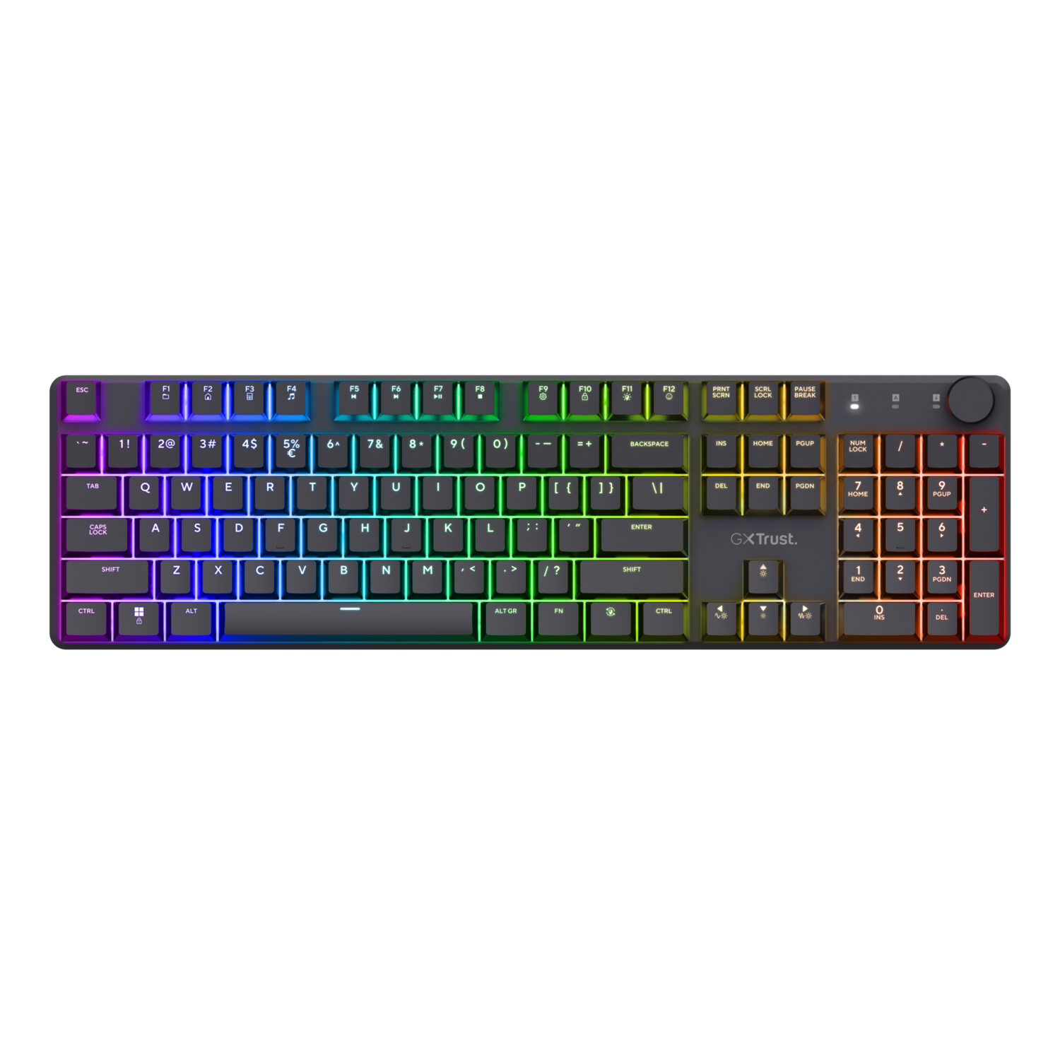 Black keyboard with rainbow-colored keys. GXT Trust brand. Top view, black background.
