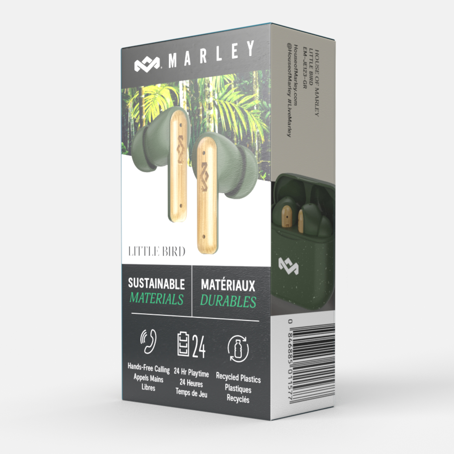 Earphones box with green and wood colored earbuds. The box says 'Little Bird' and has product info.