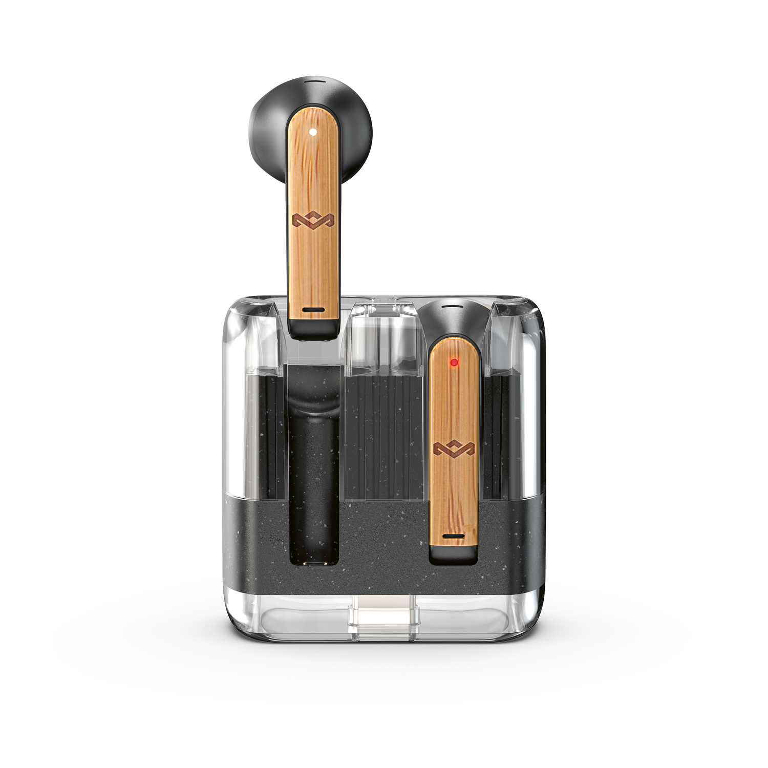 Oordopjes en oplaadcase, transparante case met houten accenten.