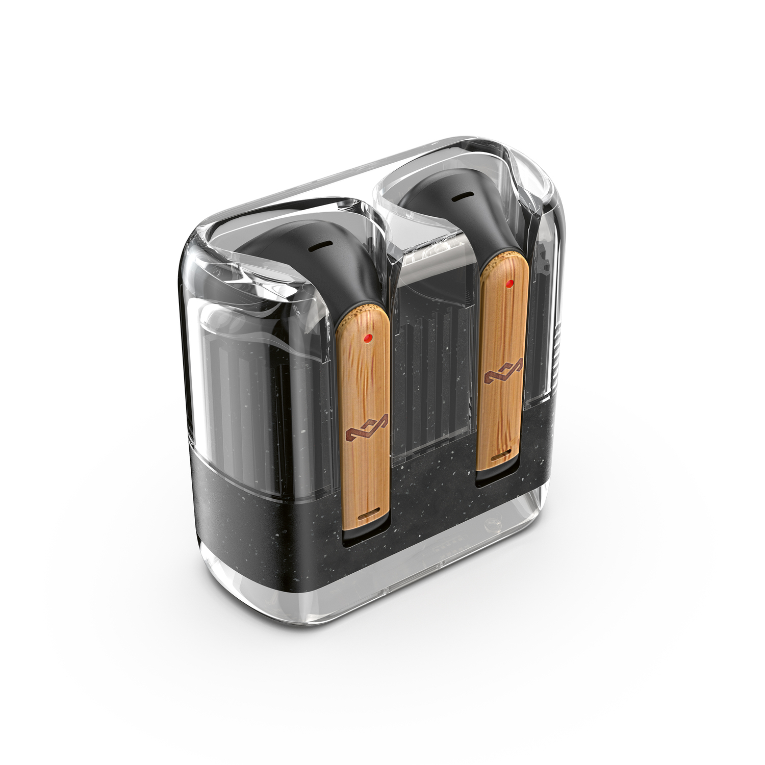 Een doorzichtige case met twee zwarte oordopjes en een bamboe-achtig design, op een witte ondergrond.