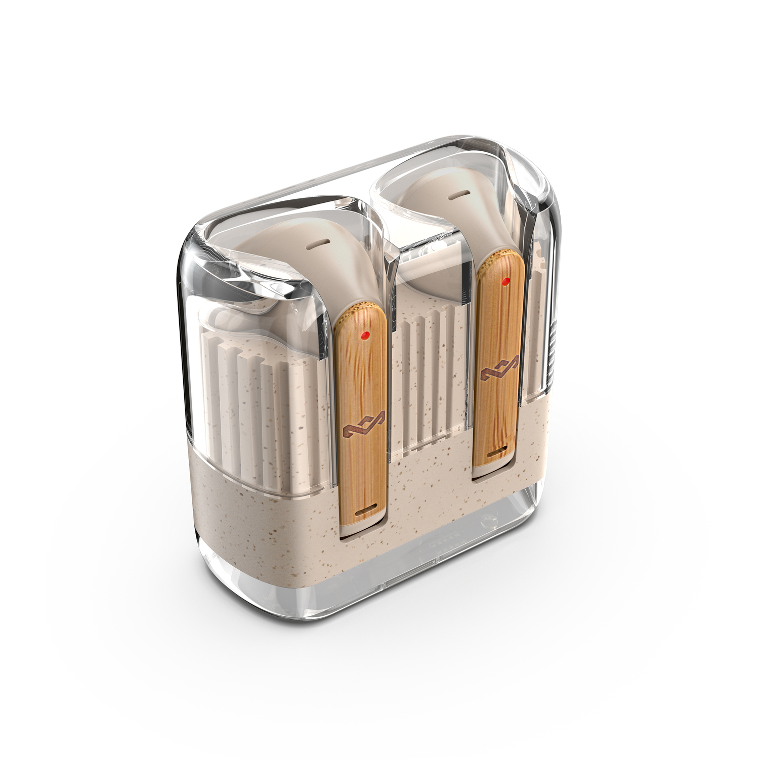 Transparante hoes met oordopjes met beige en houten accenten.