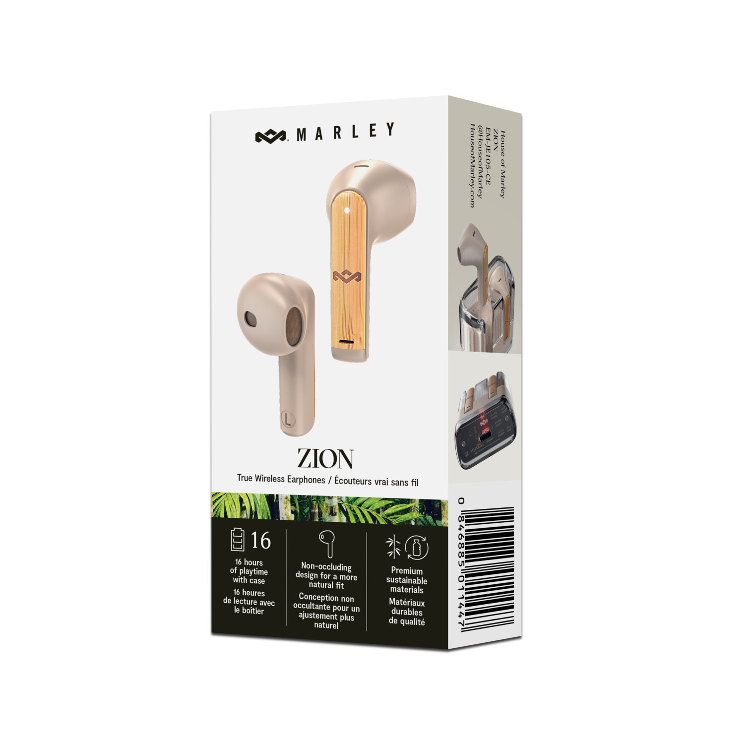 Een doos Marley Zion true wireless oortelefoons. De doos toont de oortelefoons, de case en functies zoals 16 uur speeltijd.