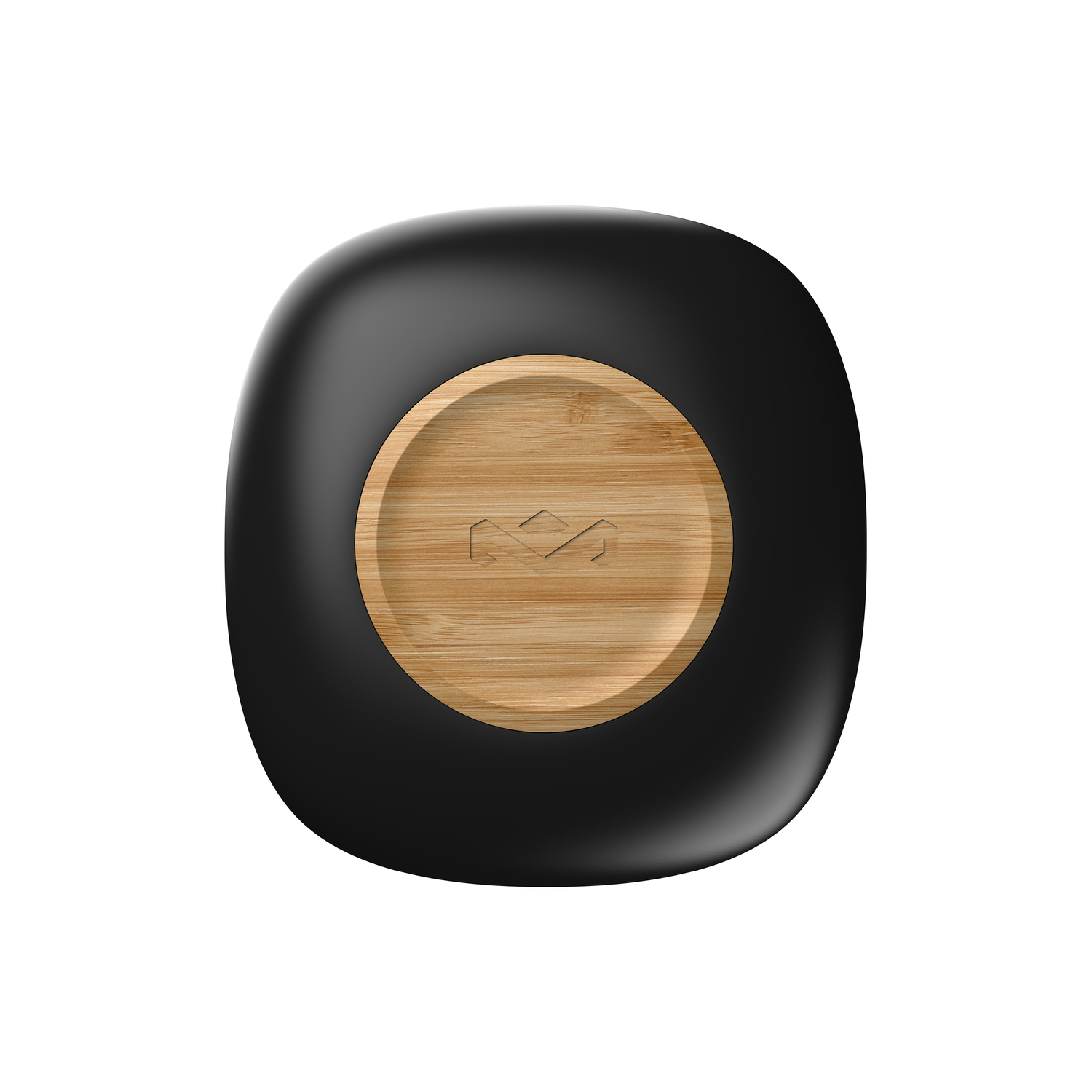 Un objet noir, de forme carrée, avec une base circulaire en bois. Logo M gravé sur le bois.