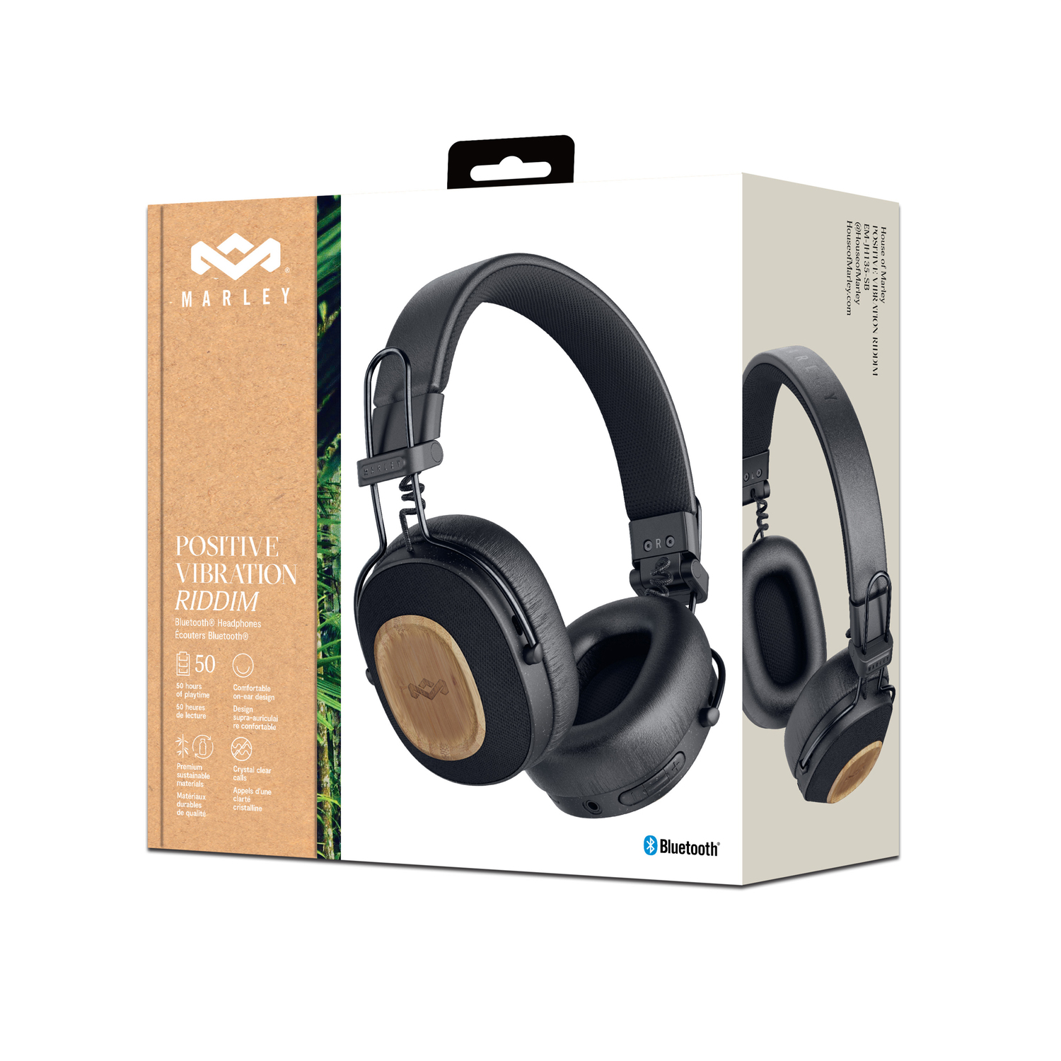 Marley Positive Vibration Riddim-hoofdtelefoon in een doos. Doos toont hoofdtelefoon en functies.