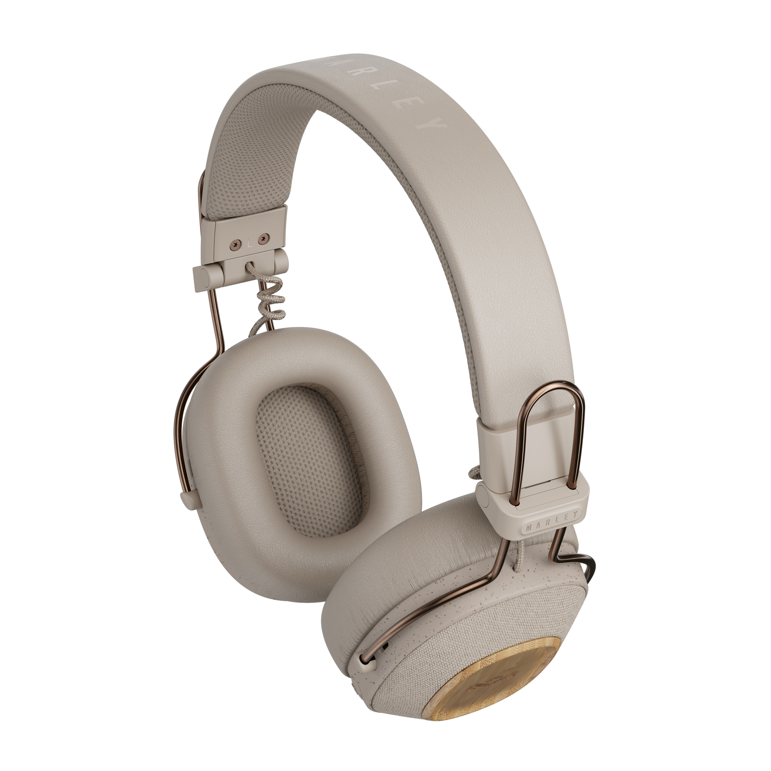 Casque gris avec des accents dorés et le mot 'MARLEY'. Fond blanc.
