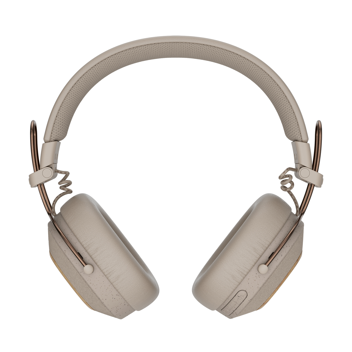 Casque beige avec détails dorés, vue de dessus des écouteurs.