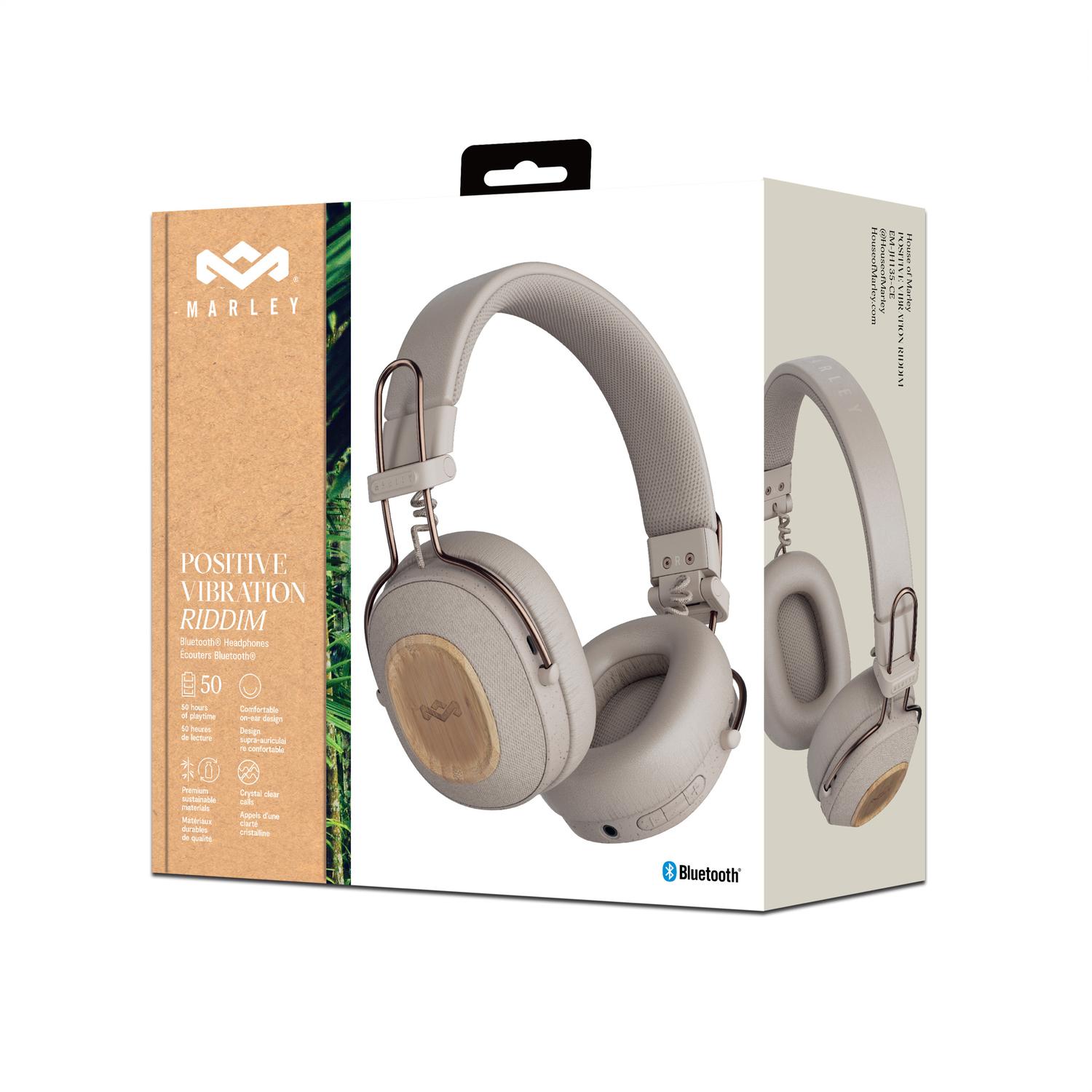 Casque Marley en boîte. Beige avec détails en bois. Logo Bluetooth. Texte : Positive Vibration Riddim.
