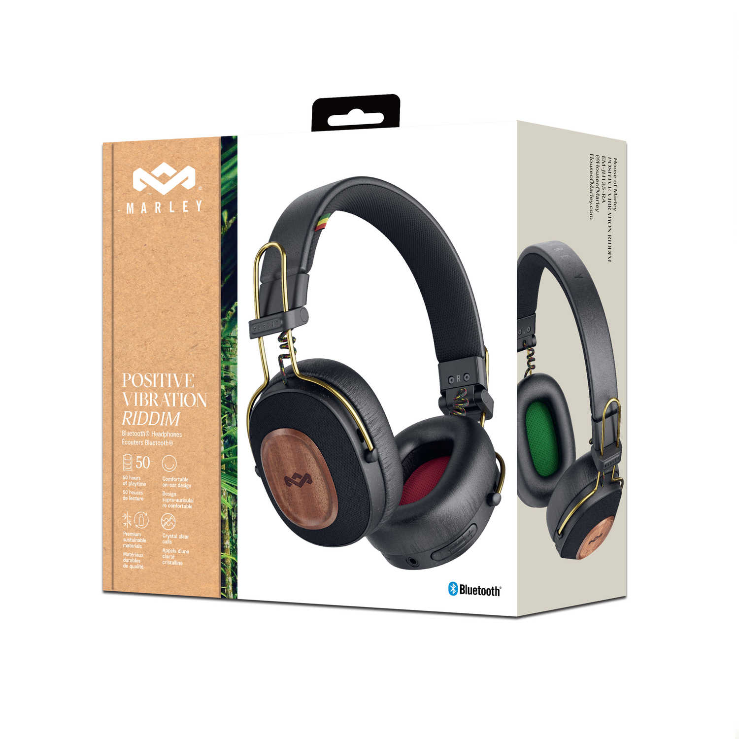 Hoofdtelefoon doos met hoofdtelefoon illustratie. Zwarte hoofdtelefoon met gouden accenten. Merk Marley.