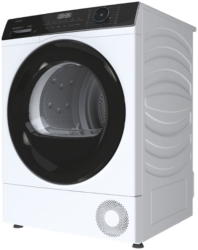 Sèche-linge blanc avec porte et commandes noires. Côtés texturés gris visibles.