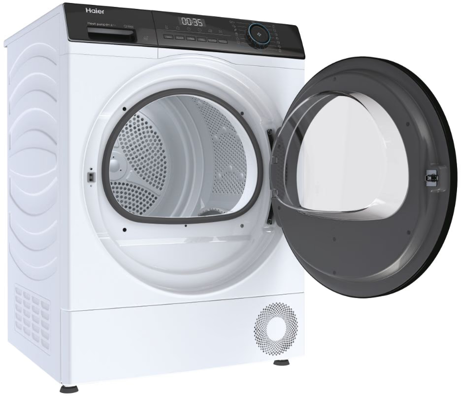 Sèche-linge Haier blanc avec porte ouverte, montrant l'intérieur.