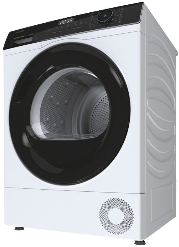 Sèche-linge blanc avec porte noire et panneau de contrôle en haut.