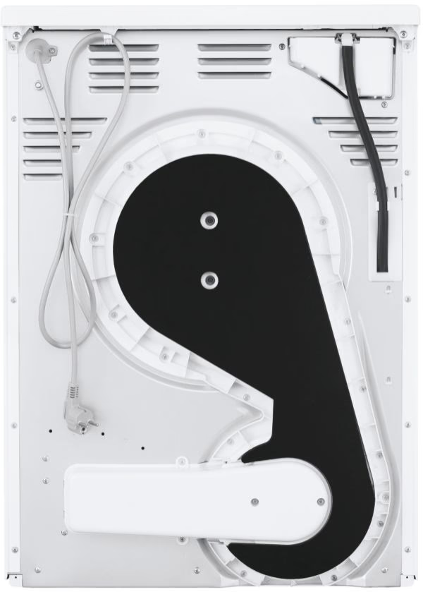Arrière d'un sèche-linge blanc avec divers composants visibles.