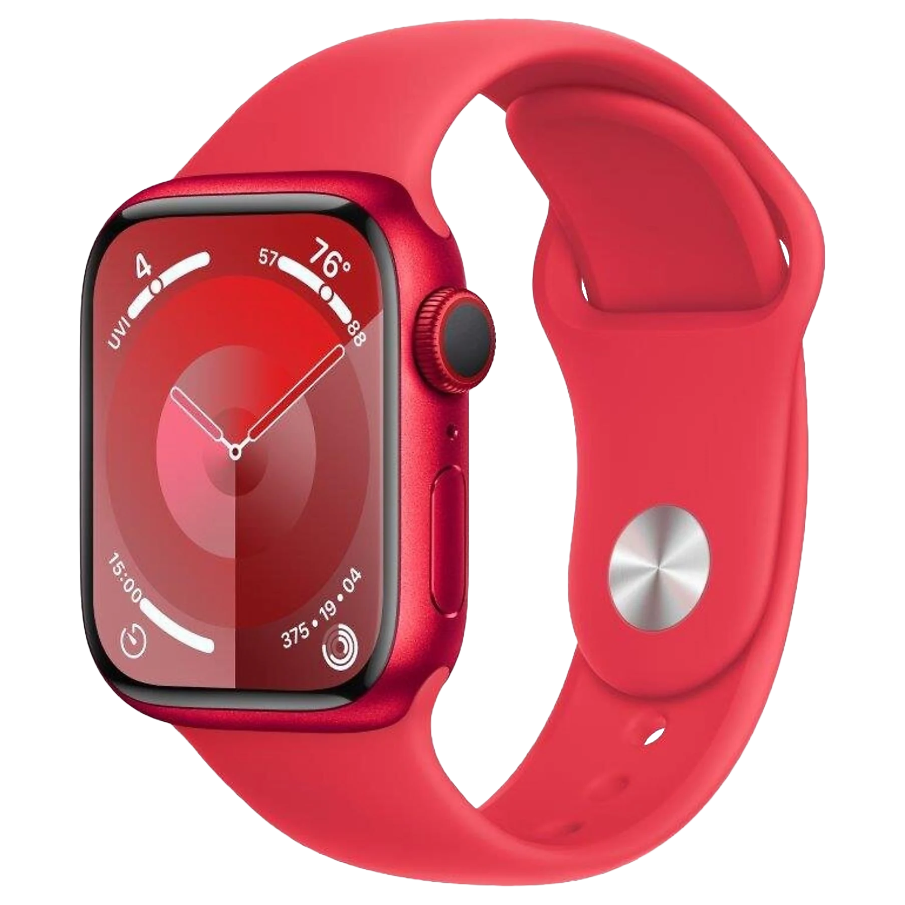 Czerwony Apple Watch z czerwonym paskiem na czarnym tle.