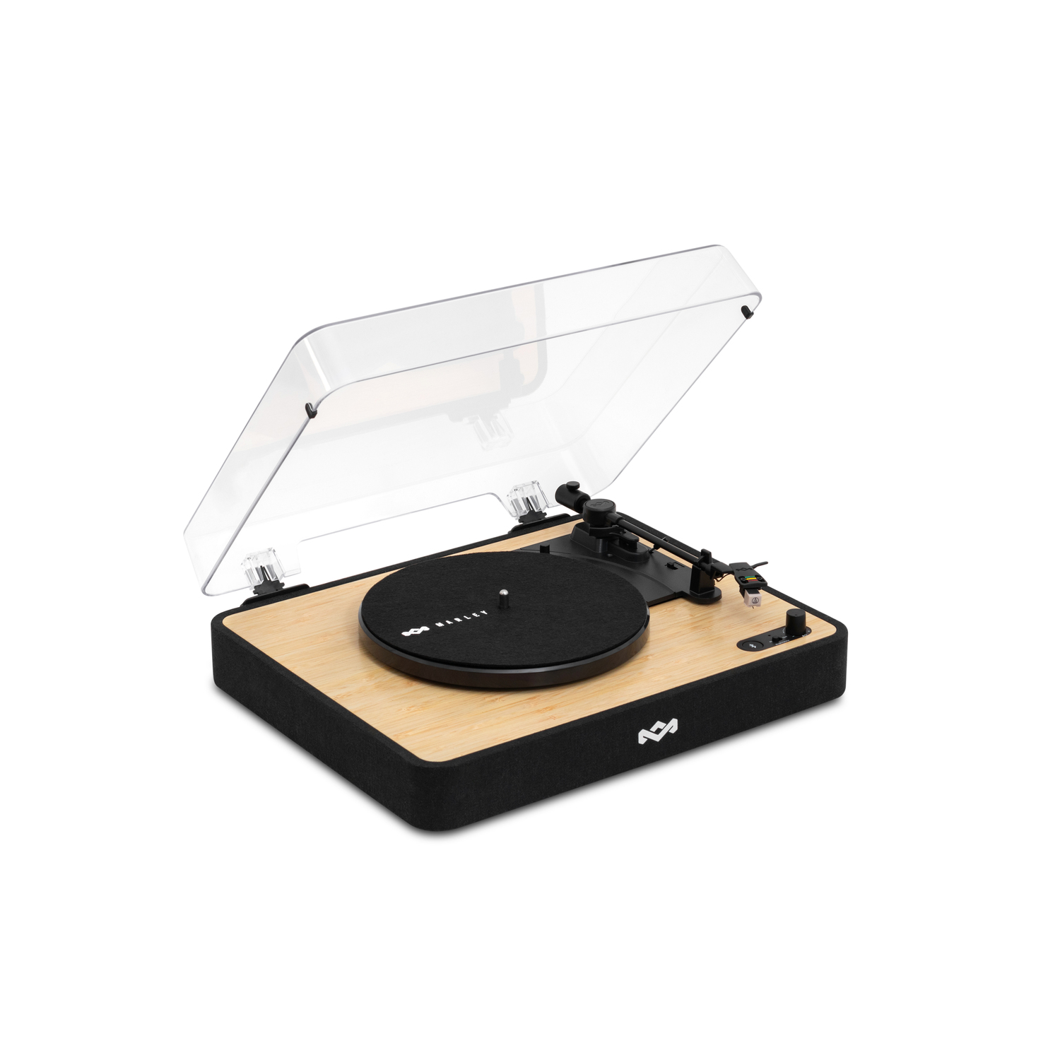Turntable with cover open, wooden base, black record player and arm on white.