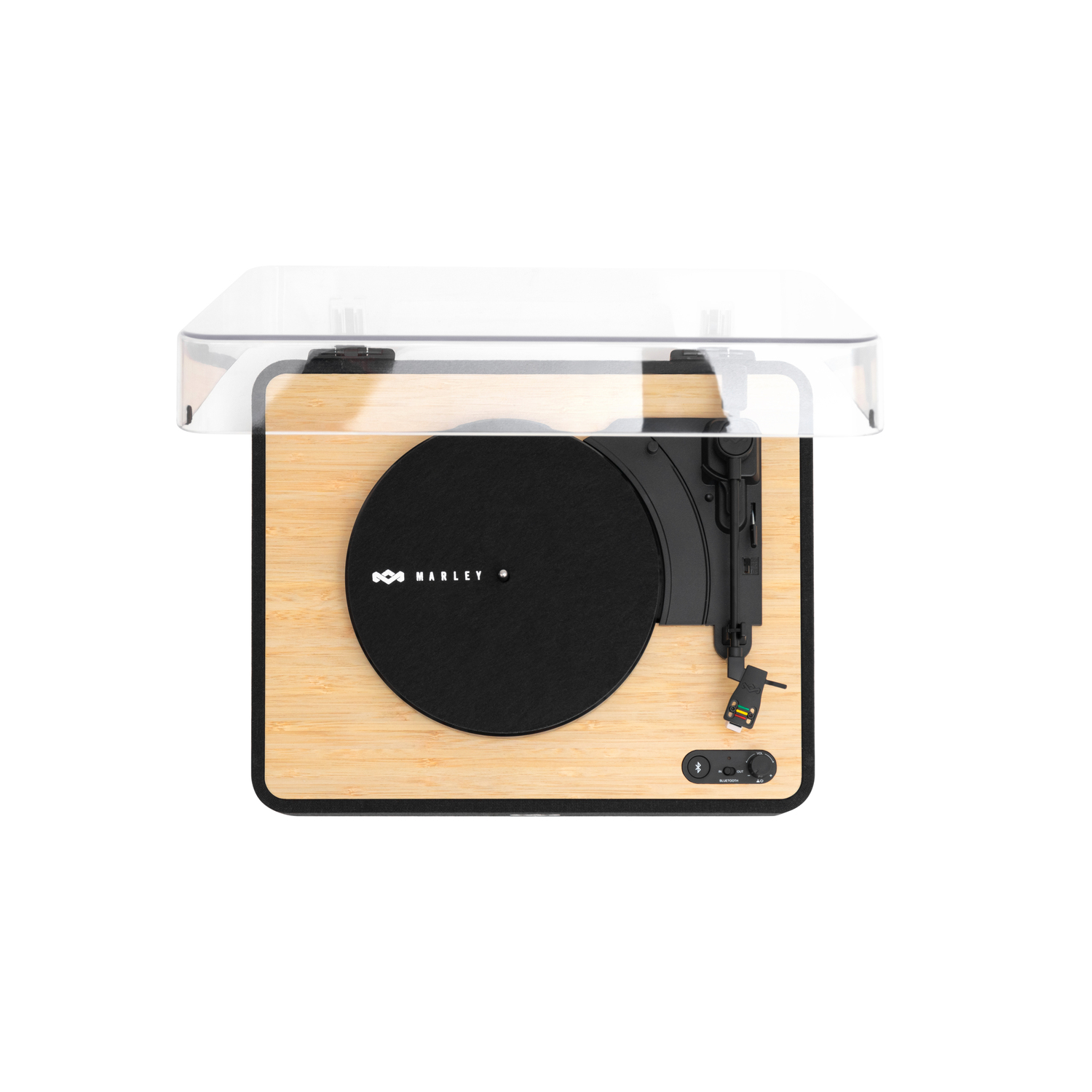 A top-down view of a record player with a wooden base and a clear cover.