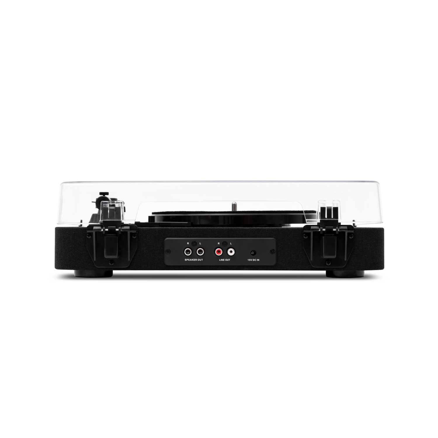A black record player with a clear lid. Speakers and inputs are visible on the back panel.