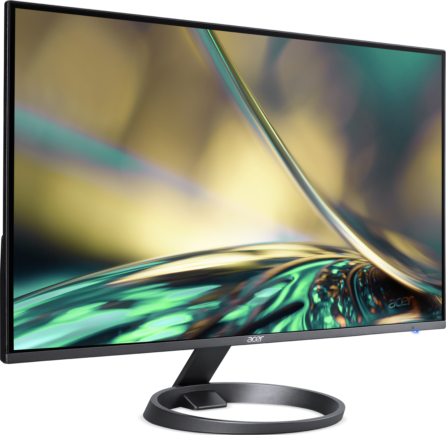 Acer Monitor mit schwarzem Rahmen und Ständer, zeigt farbenfrohes abstraktes Design auf Schwarz.