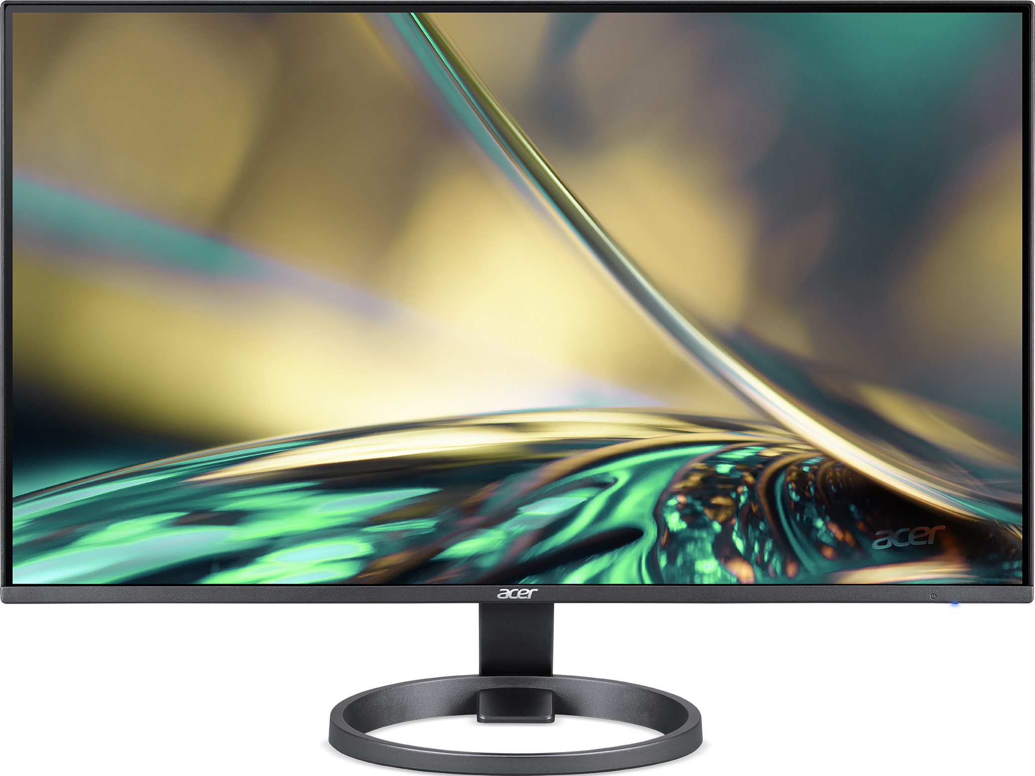 Acer-Monitor, schwarzer Rahmen, gebogener Ständer. Grün-goldener Hintergrund. Weißer Hintergrund.