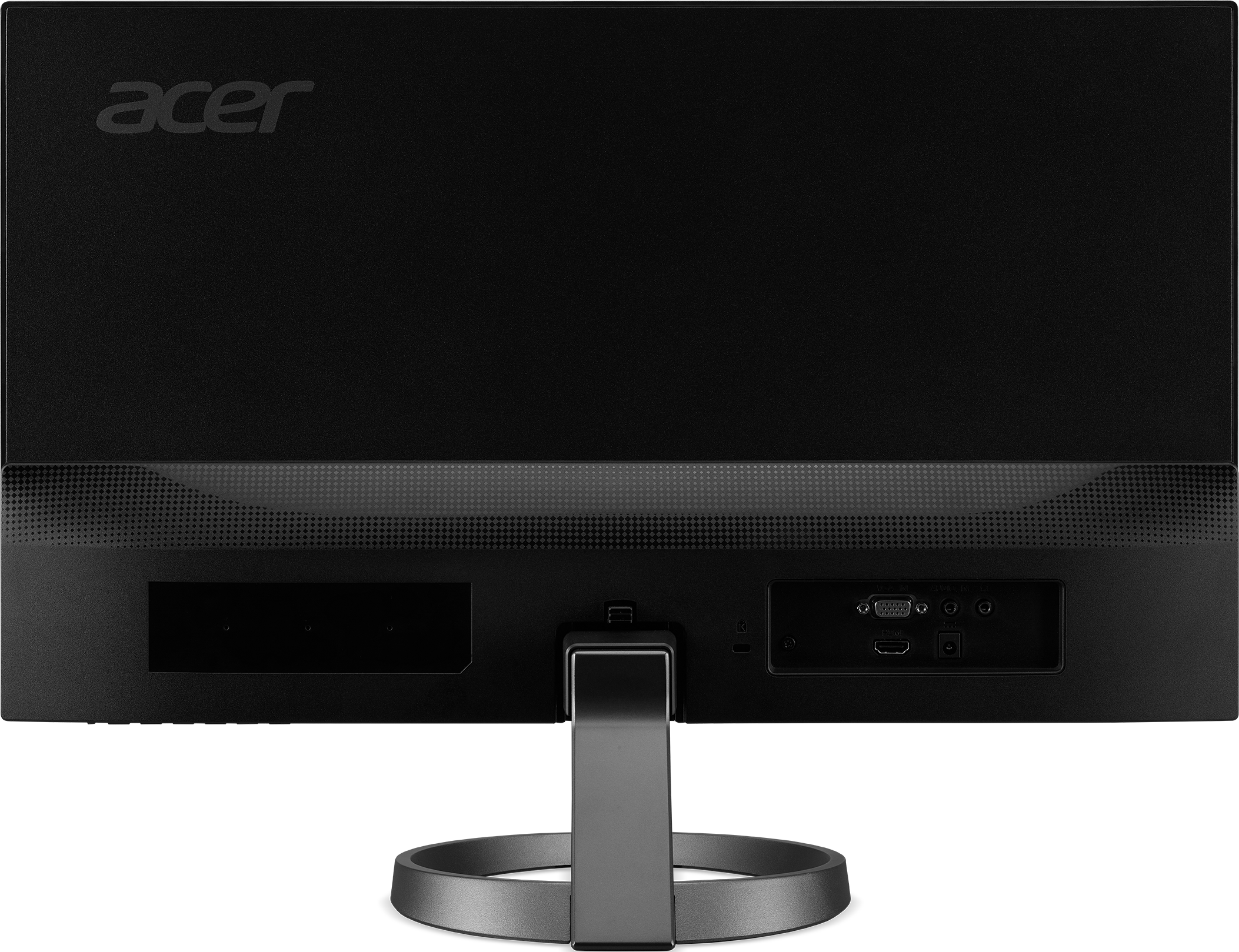 Rückseite eines schwarzen Acer-Monitors. Sichtbare Anschlüsse, Lüftungslöcher und Ständer. Acer-Logo oben.