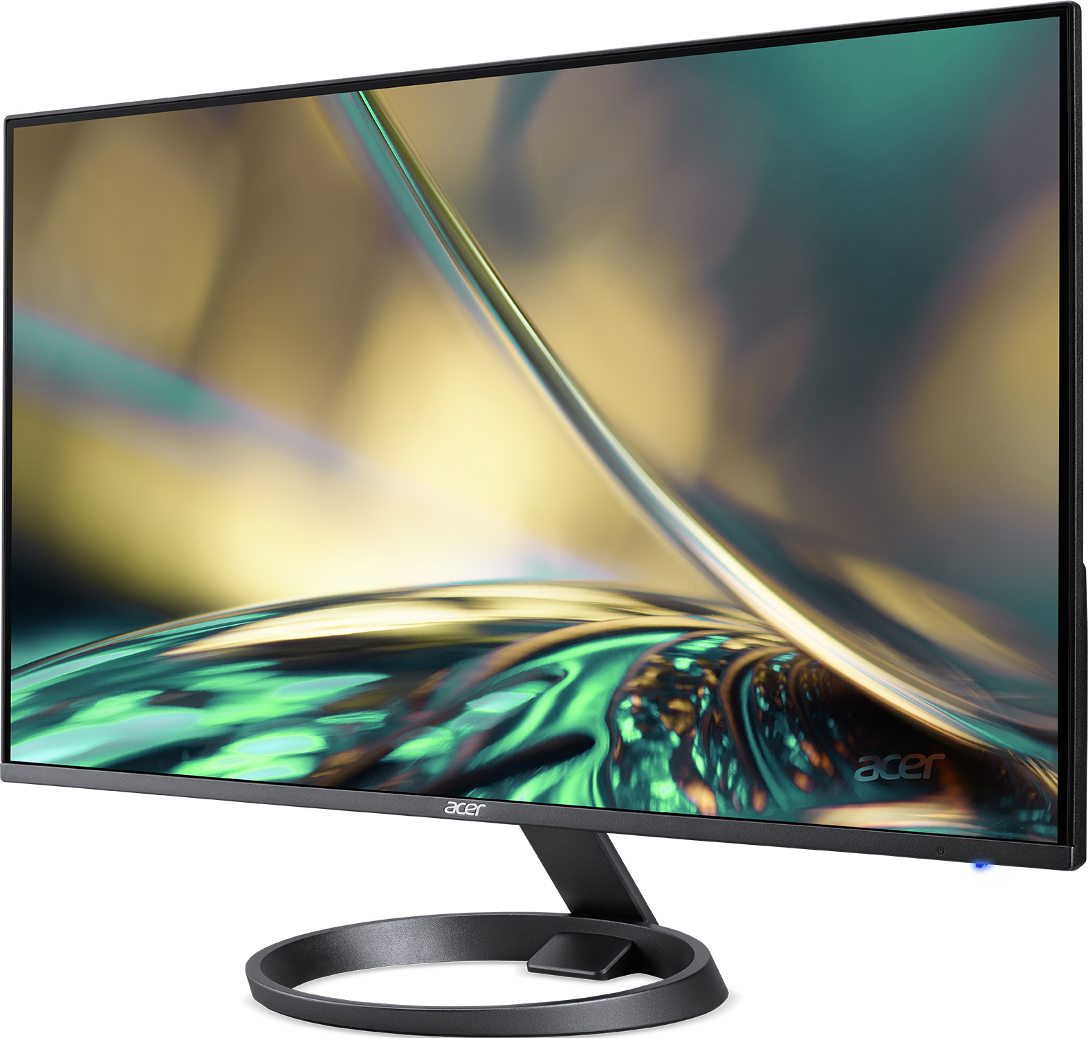 Acer-Monitor mit schwarzem Rahmen. Blaues Licht unten rechts. Bunter Hintergrund.