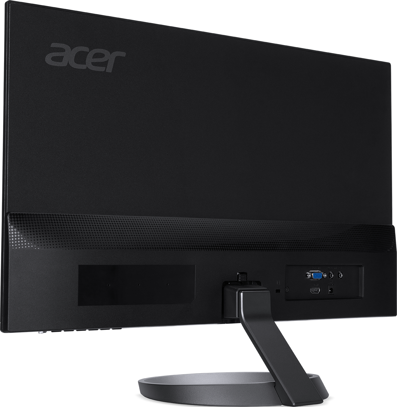 Schwarzer Acer-Monitor von hinten. Zeigt Anschlüsse und Ständerbefestigung.