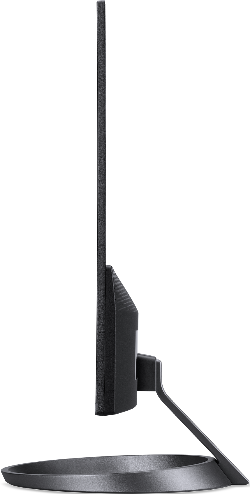 Seitenansicht eines schwarzen Computermonitors. Der Bildschirm ist schwarz. Der Monitor steht auf einem schwarzen Ständer.