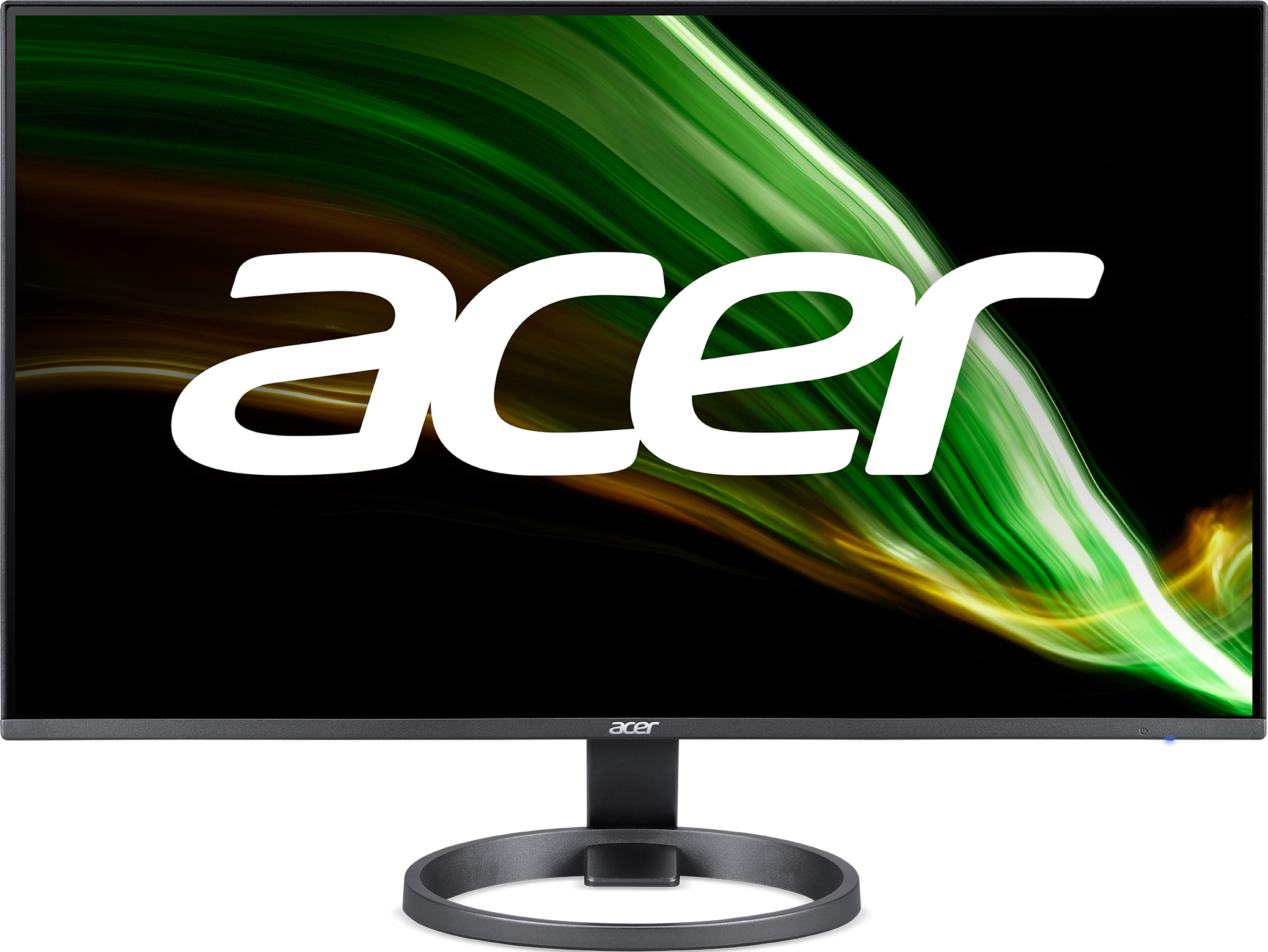Acer-Monitor mit schwarzem Rahmen, Acer-Logo und grün-gelbem Hintergrund.