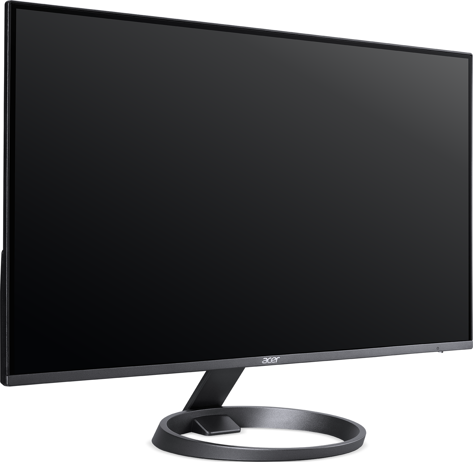 Ein schwarzer Acer-Monitor mit einem schwarzen Ständer auf schwarzem Hintergrund.