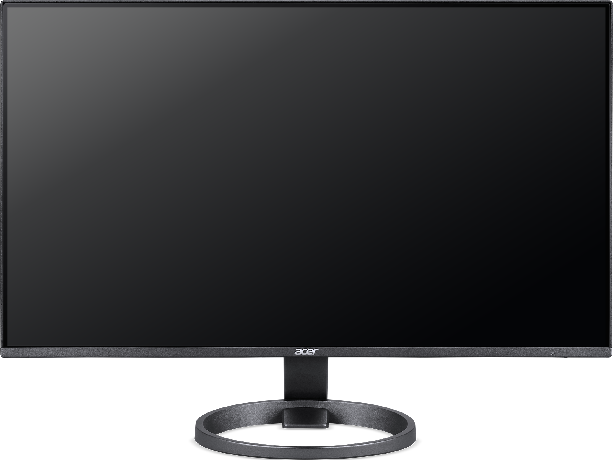 Ein schwarzer Acer-Monitor steht auf einem schwarzen Ständer. Der Bildschirm ist ausgeschaltet, das Acer-Logo ist sichtbar.