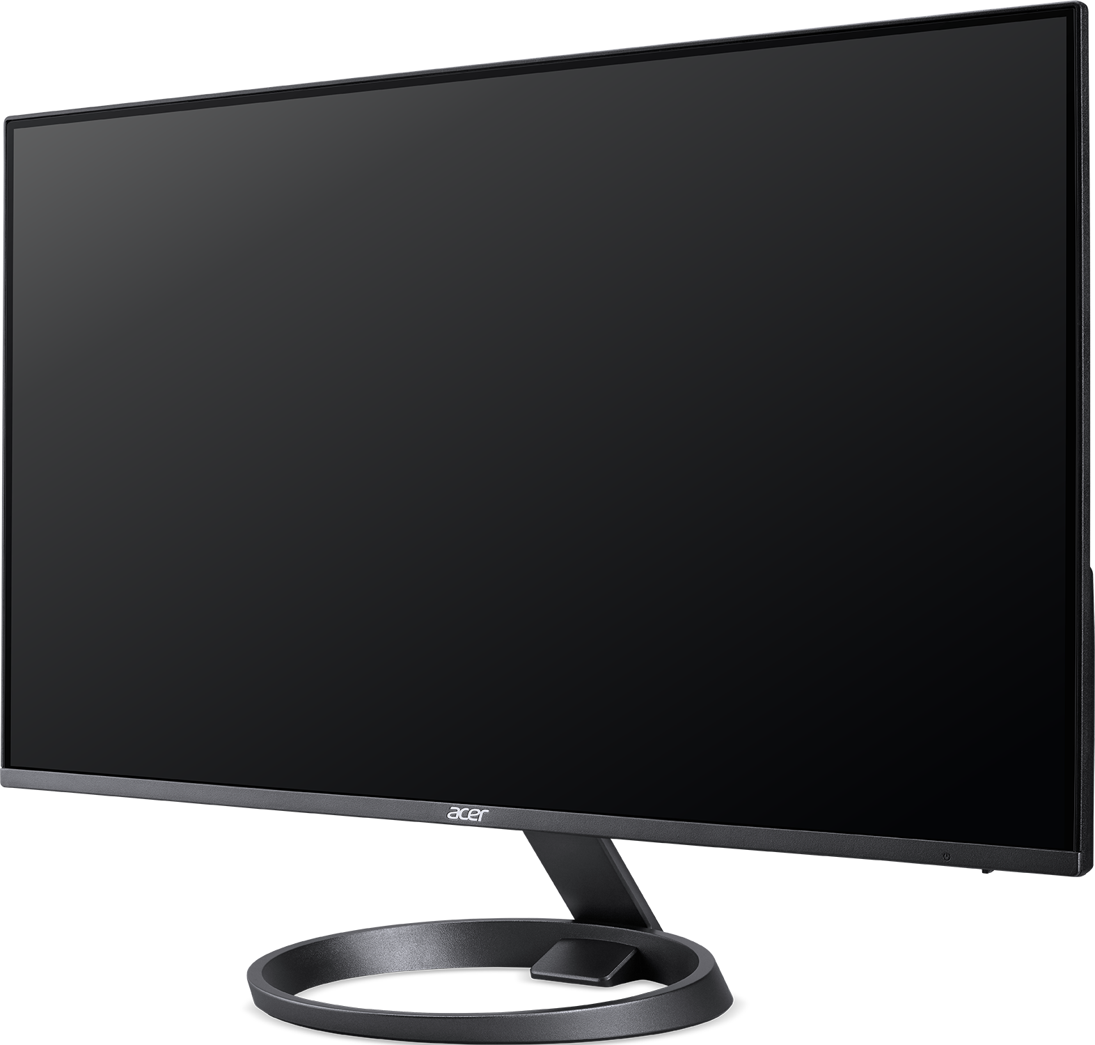 Ein Acer-Monitor mit schwarzem Bildschirm steht auf einem schwarzen Ständer mit Acer-Logo unten.