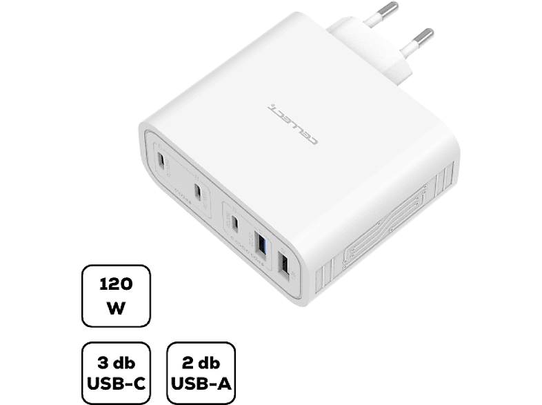 CELLECT hálózati töltő adapter gyorstöltő funkcióval 120W, fehér (MTCB-PD120W-W)