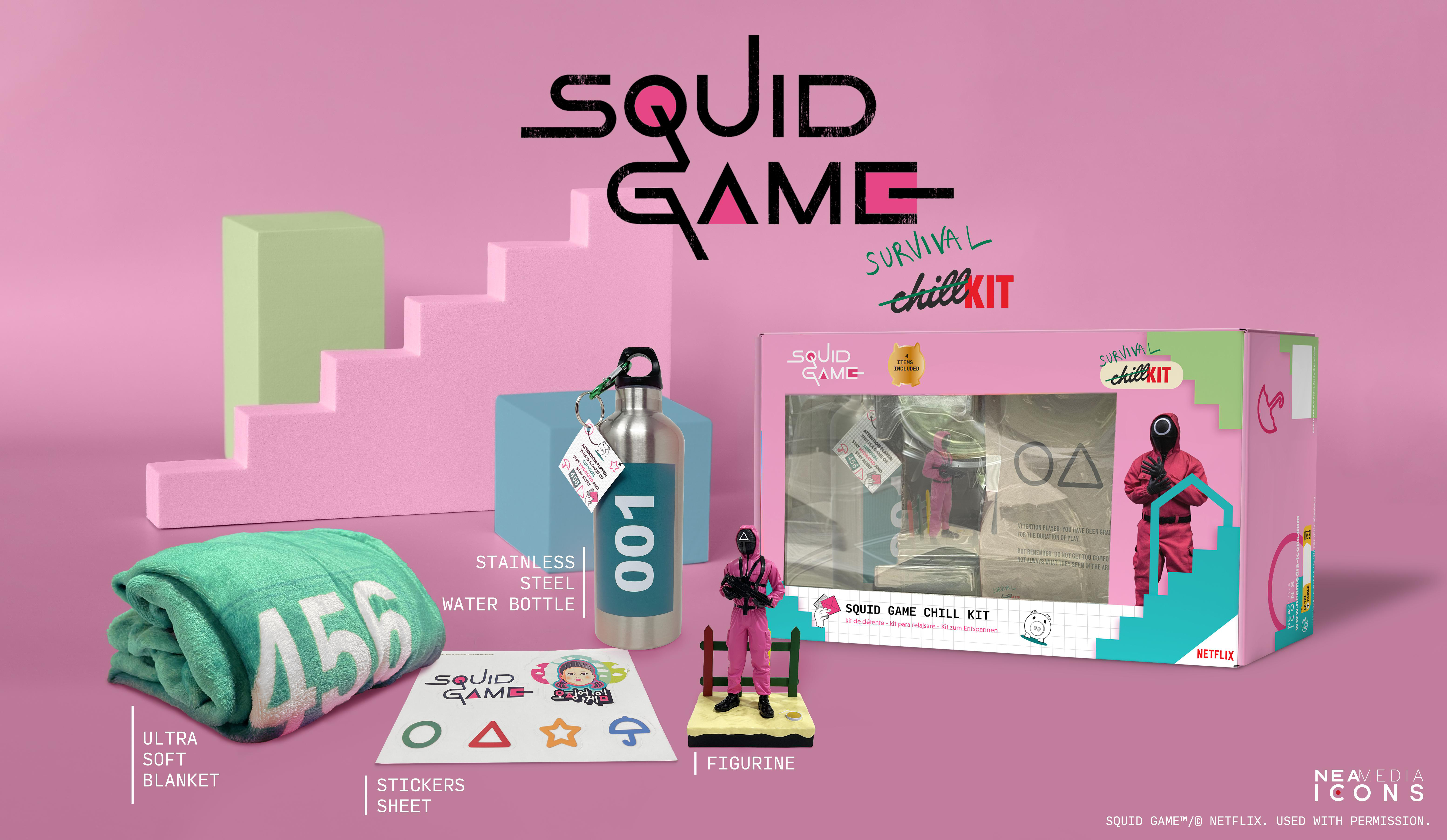 Squid Game Chill-Kit. Enthält eine Decke, eine Wasserflasche, eine Figur, Aufkleber und eine Box.