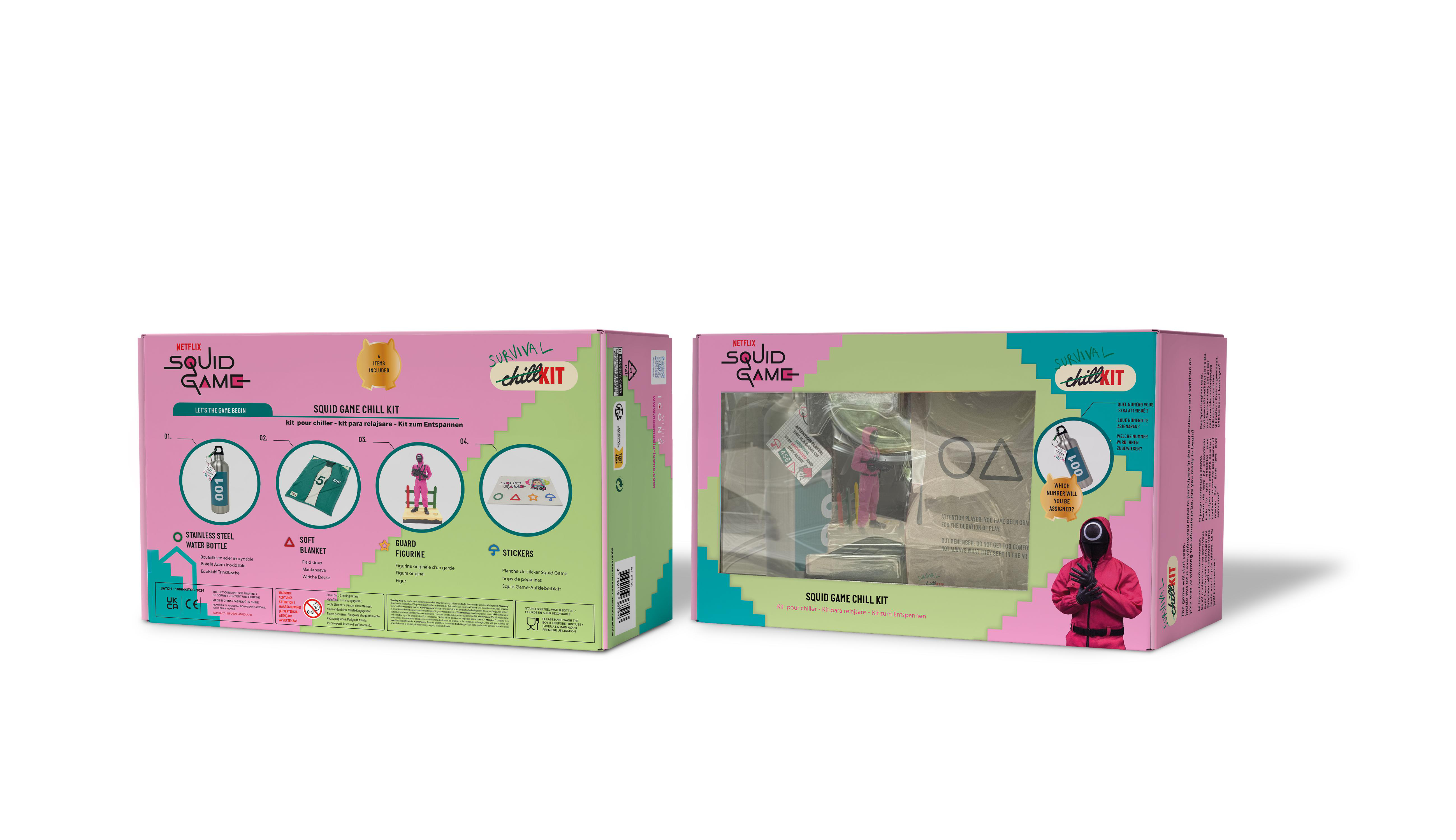 Zwei Boxen mit Squid Game-Thema. Rosa Box Anweisungen, grüne Figuren.