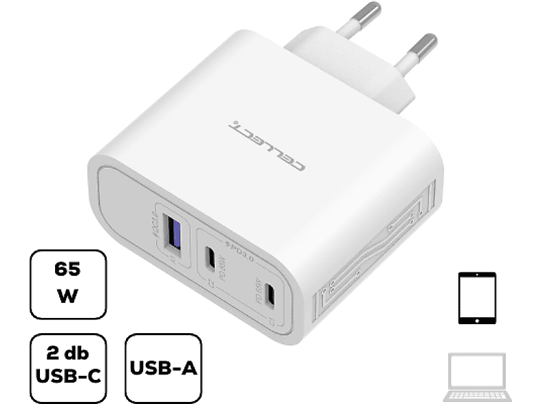 CELLECT hálózati töltő adapter gyorstöltő funkcióval 65W, fehér (MTCB-PD65W-W)