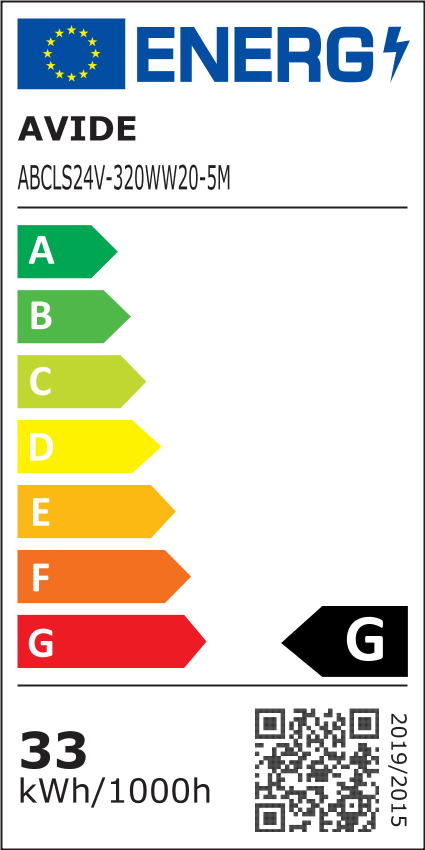 Egy energiacímke mutatja egy AVIDE izzó energiahatékonysági besorolását.