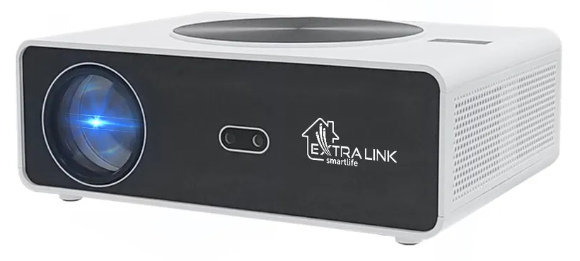 Biało-czarny projektor z obiektywem po lewej i logo z przodu.