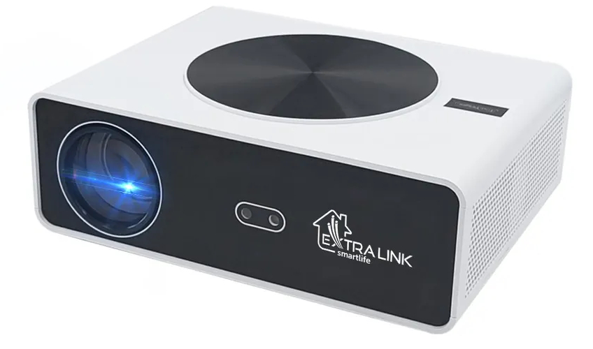 Biały projektor ExtraLink smartlife z czarnym panelem przednim, obiektywem i świecącym niebieskim światłem.
