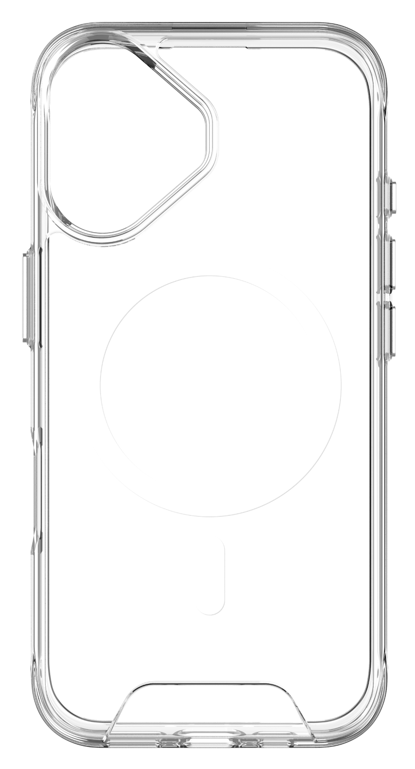Átlátszó telefontok fehér MagSafe gyűrűvel, feketén izolálva.