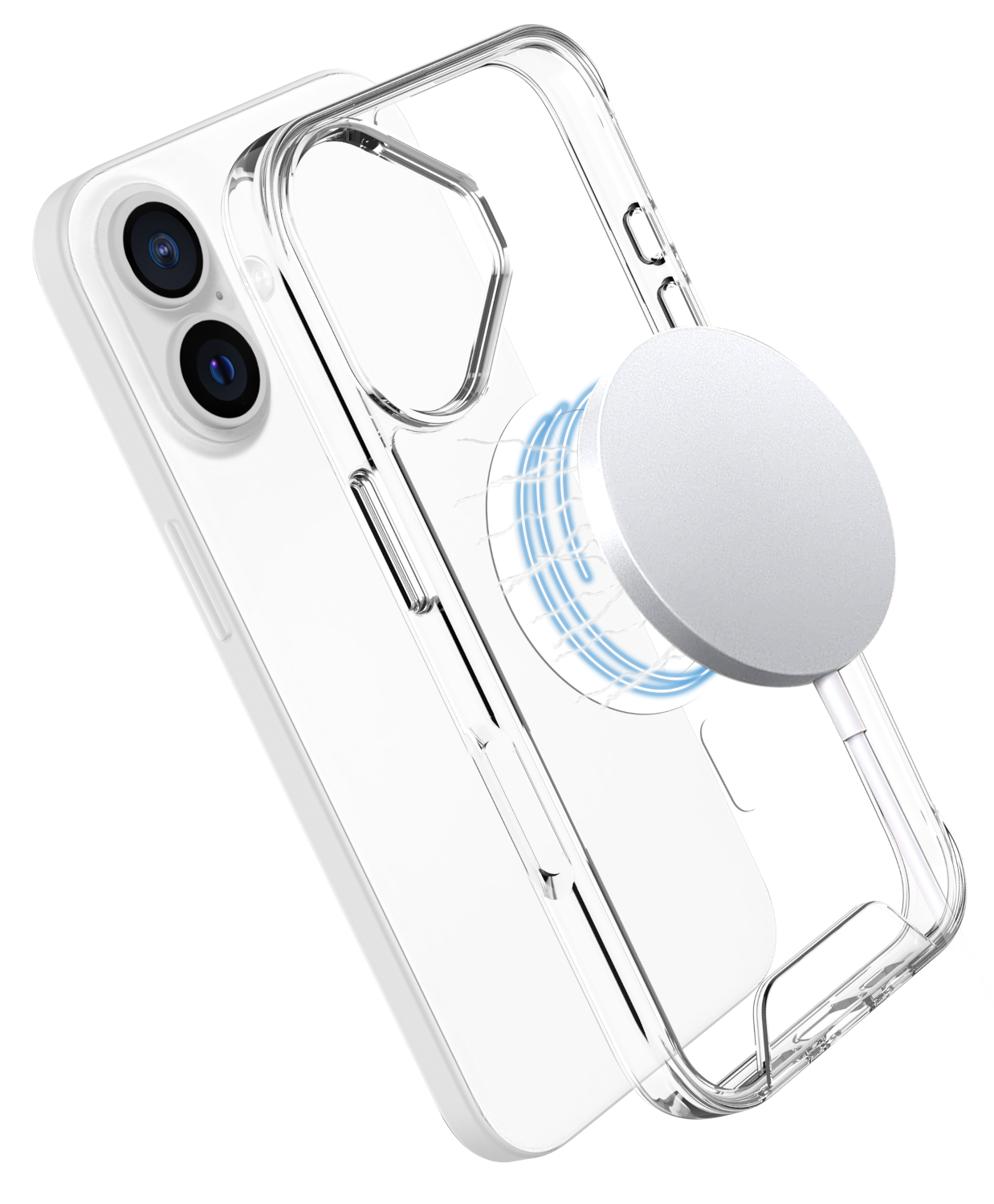 Fehér iPhone átlátszó tokkal, MagSafe töltővel, a telefon hátulja és kamerája látható.