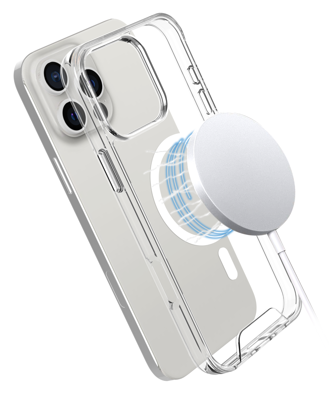 iPhone átlátszó tokban, vezeték nélküli töltő csatlakoztatva. A telefon szürke, a töltő fehér, fekete háttér.