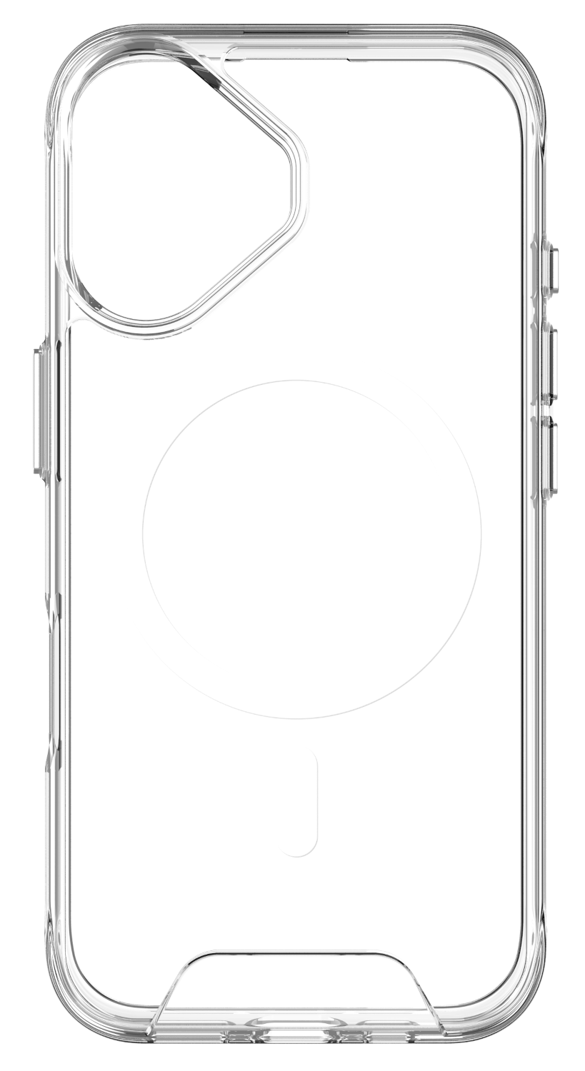 Átlátszó iPhone tok fehér kör alakú mágneses töltőrésszel és kisebb fehér téglalappal.
