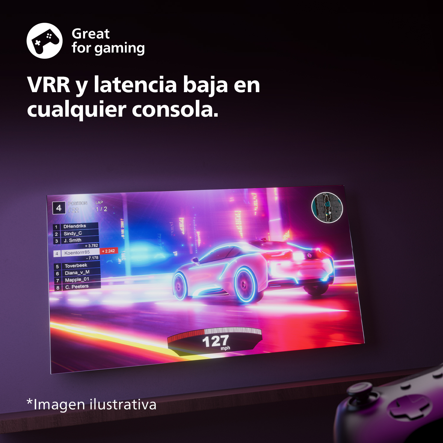 Pantalla de juego que muestra un juego de carreras de coches, con esquema de color púrpura y azul.