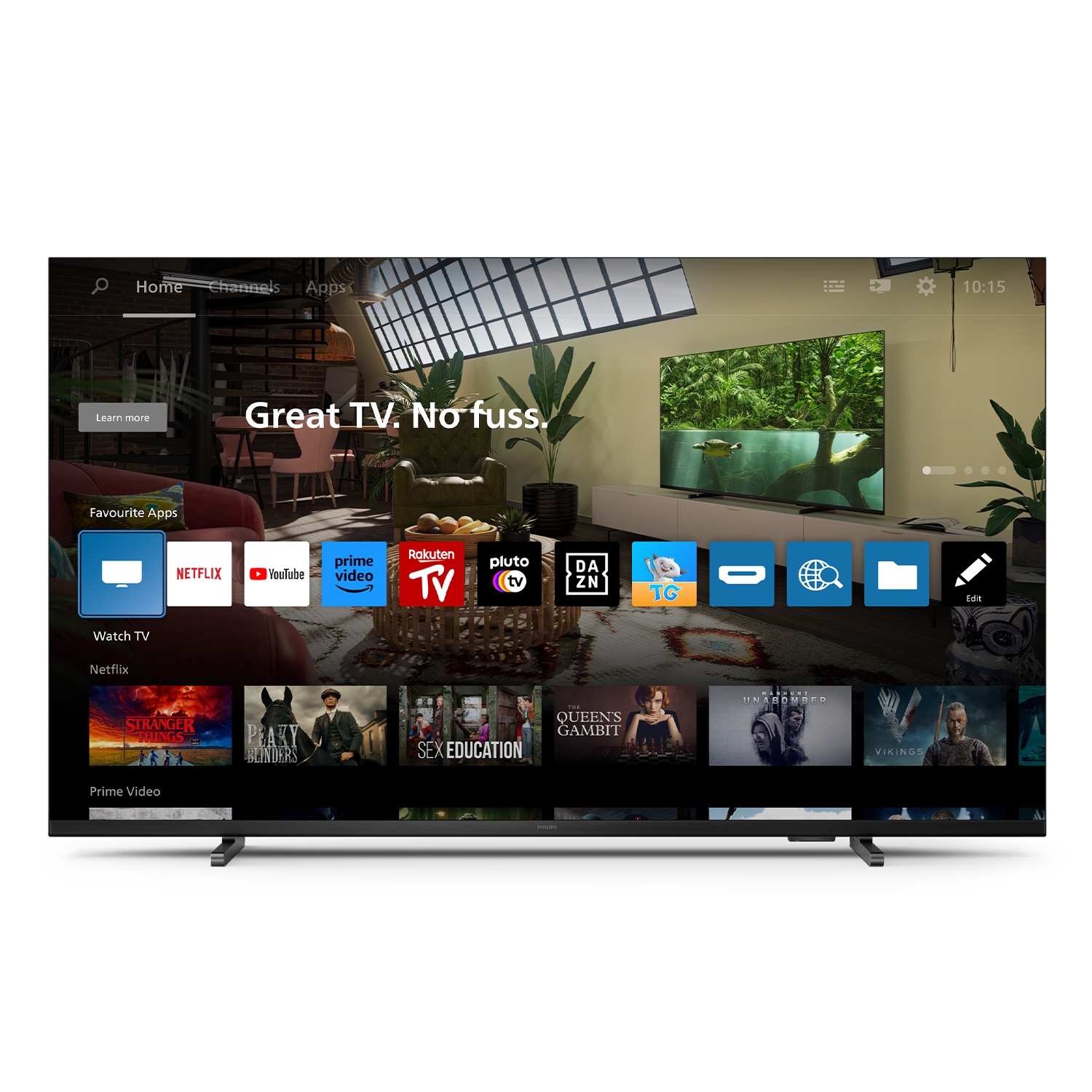 Televisor de pantalla plana grande que muestra un interior doméstico con aplicaciones y miniaturas de programas de televisión.