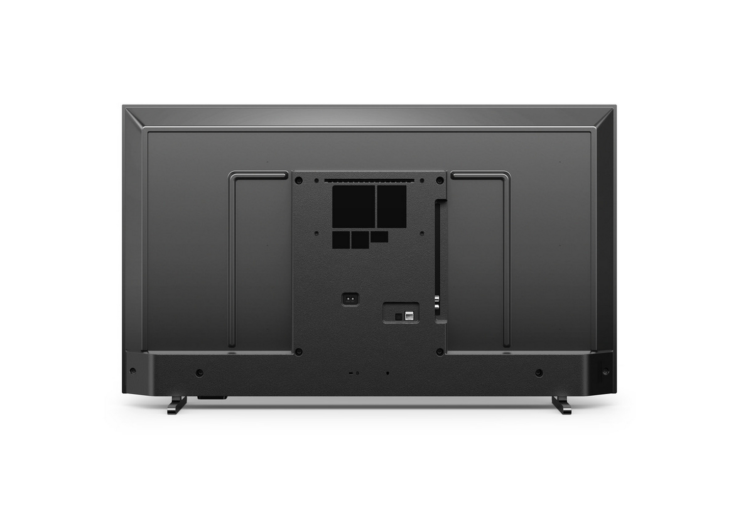 Vista trasera de un televisor negro con puertos y puntos de montaje, fondo blanco.