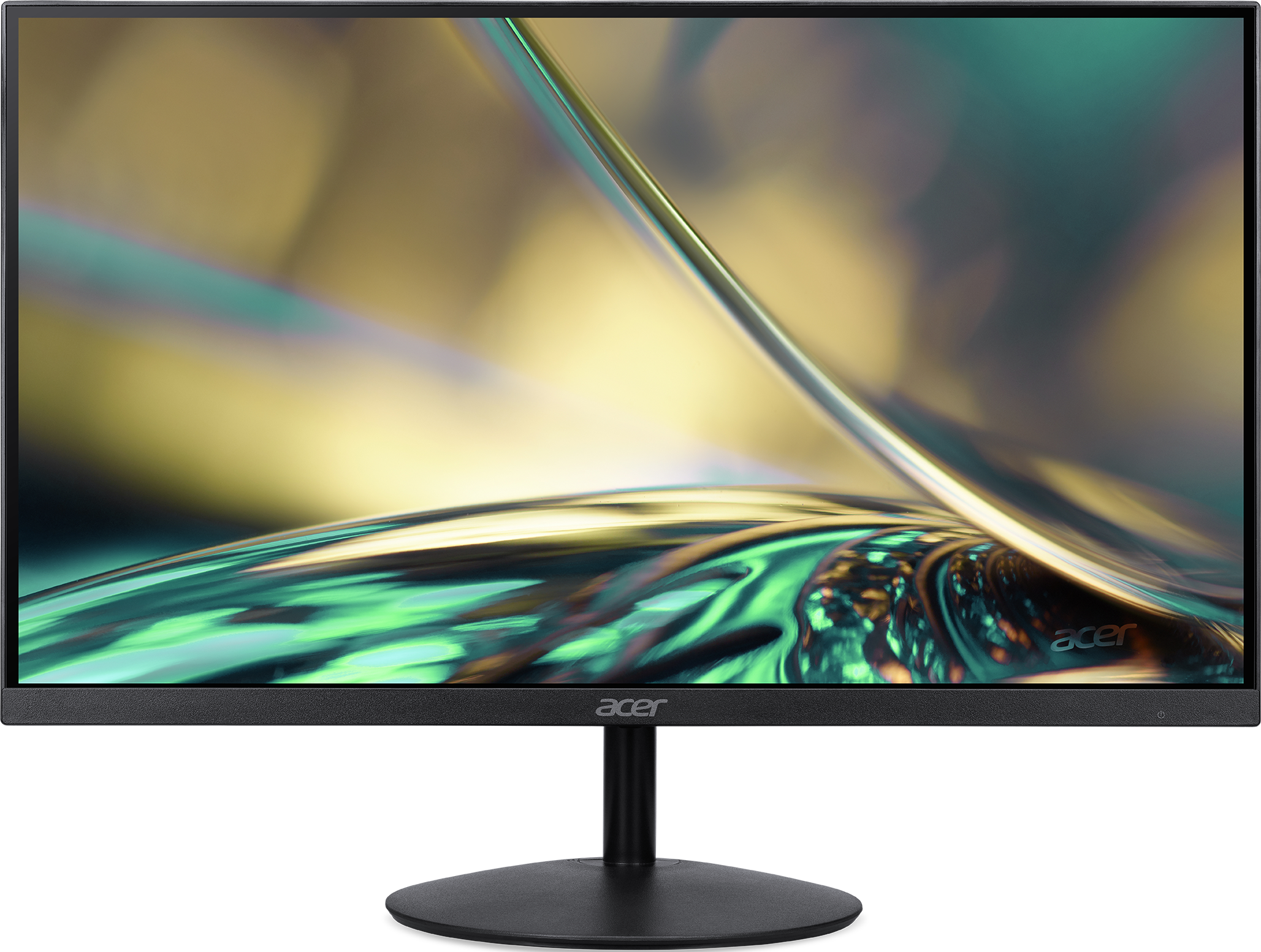 Écran d'ordinateur avec cadre noir, montrant un fond flou coloré avec le logo Acer.