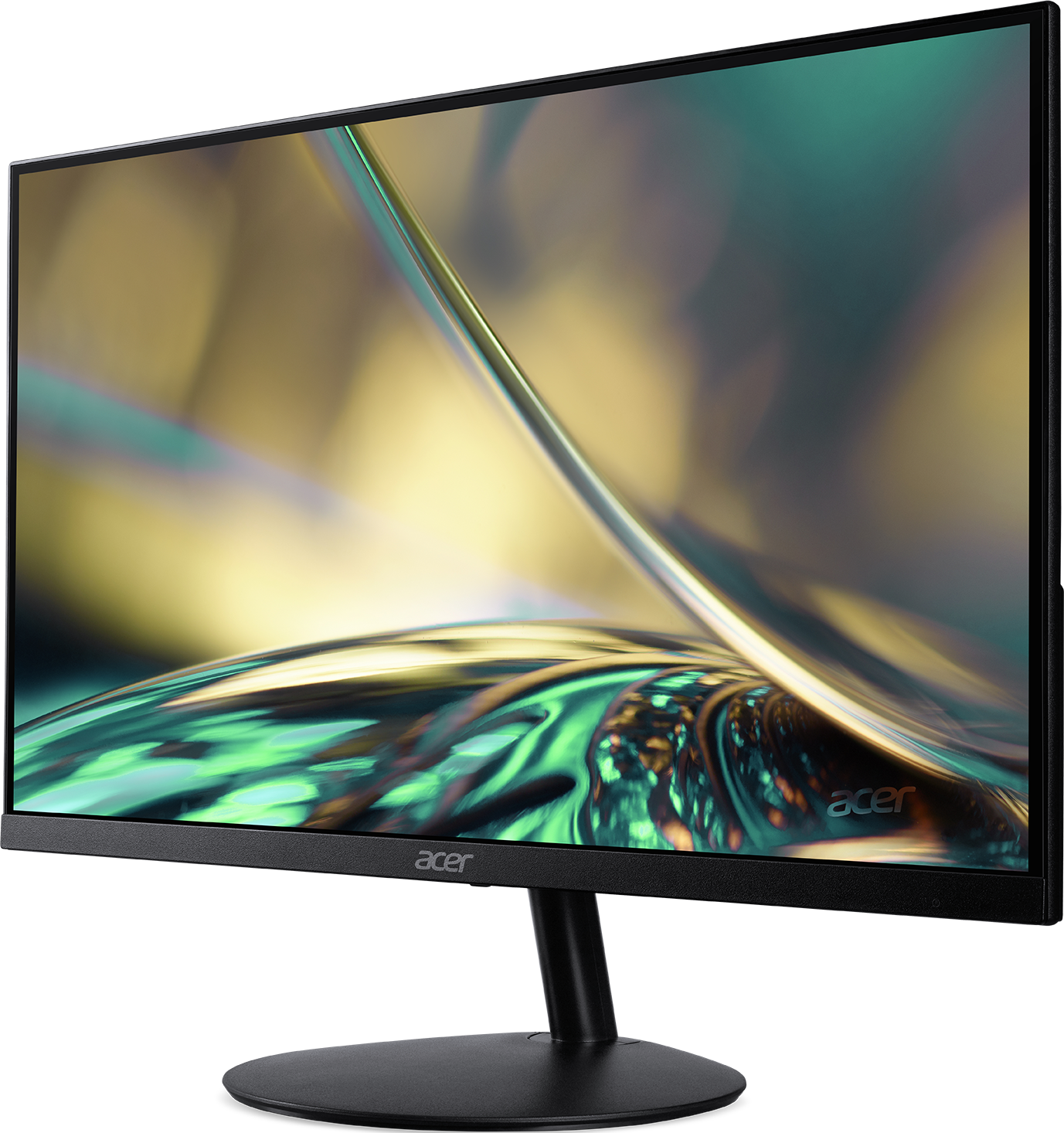 Un moniteur d'ordinateur. Il est noir et a un design élégant avec un fond coloré.