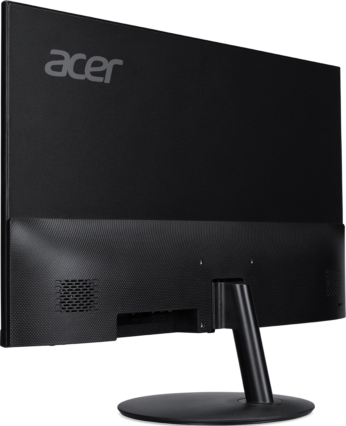 L'arrière d'un moniteur Acer noir. L'écran est éteint et le socle est fixé.