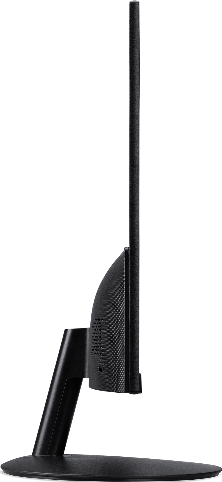 Une vue latérale d'un moniteur d'ordinateur noir sur un support noir.