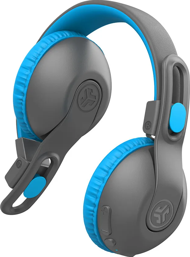 Cuffie grigie e blu con padiglioni e archetto.